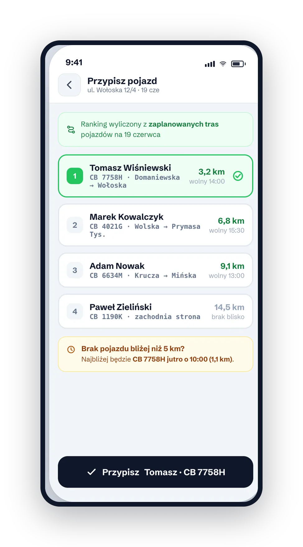 Ekran doboru pojazdu w aplikacji mobilnej