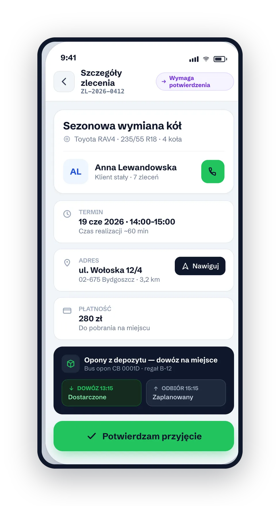 Ekran serwisanta z potwierdzeniem przyjęcia zlecenia
